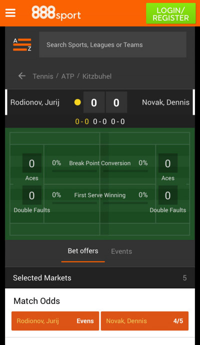 888 Sport app - in play tennis 888Sport ios app